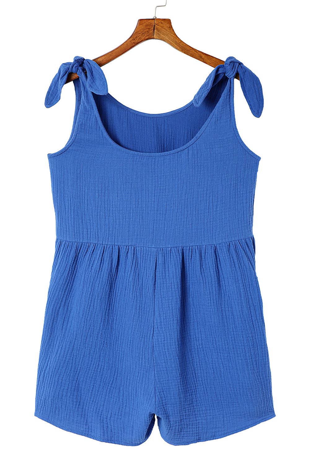Blue Textured Knotted Straps Wide Leg Romper: Blue / M
