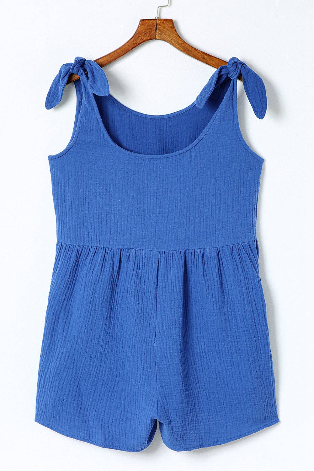 Blue Textured Knotted Straps Wide Leg Romper: Blue / M