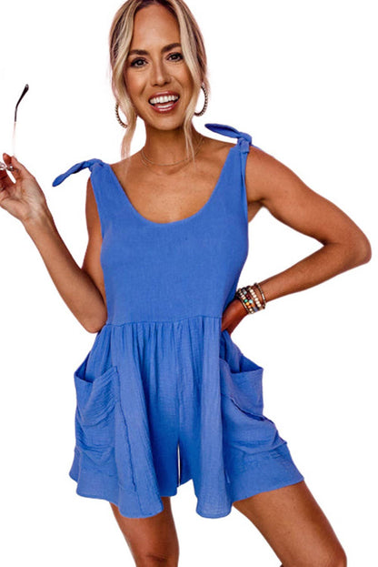 Blue Textured Knotted Straps Wide Leg Romper: Blue / M