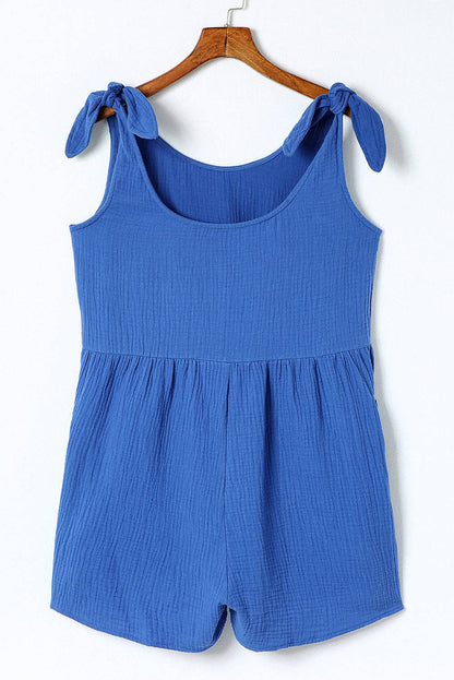 Blue Textured Knotted Straps Wide Leg Romper: Blue / M