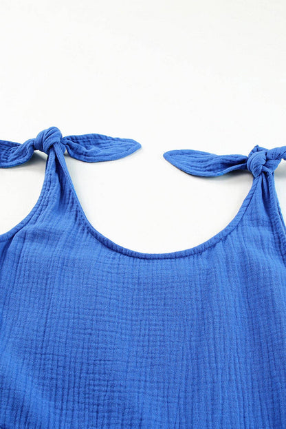 Blue Textured Knotted Straps Wide Leg Romper: Blue / M