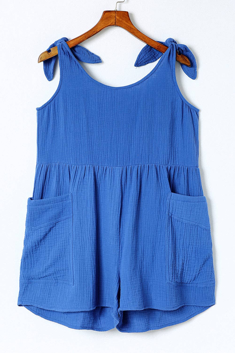 Blue Textured Knotted Straps Wide Leg Romper: Blue / M