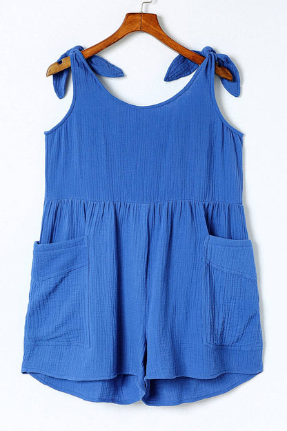 Blue Textured Knotted Straps Wide Leg Romper: Blue / M