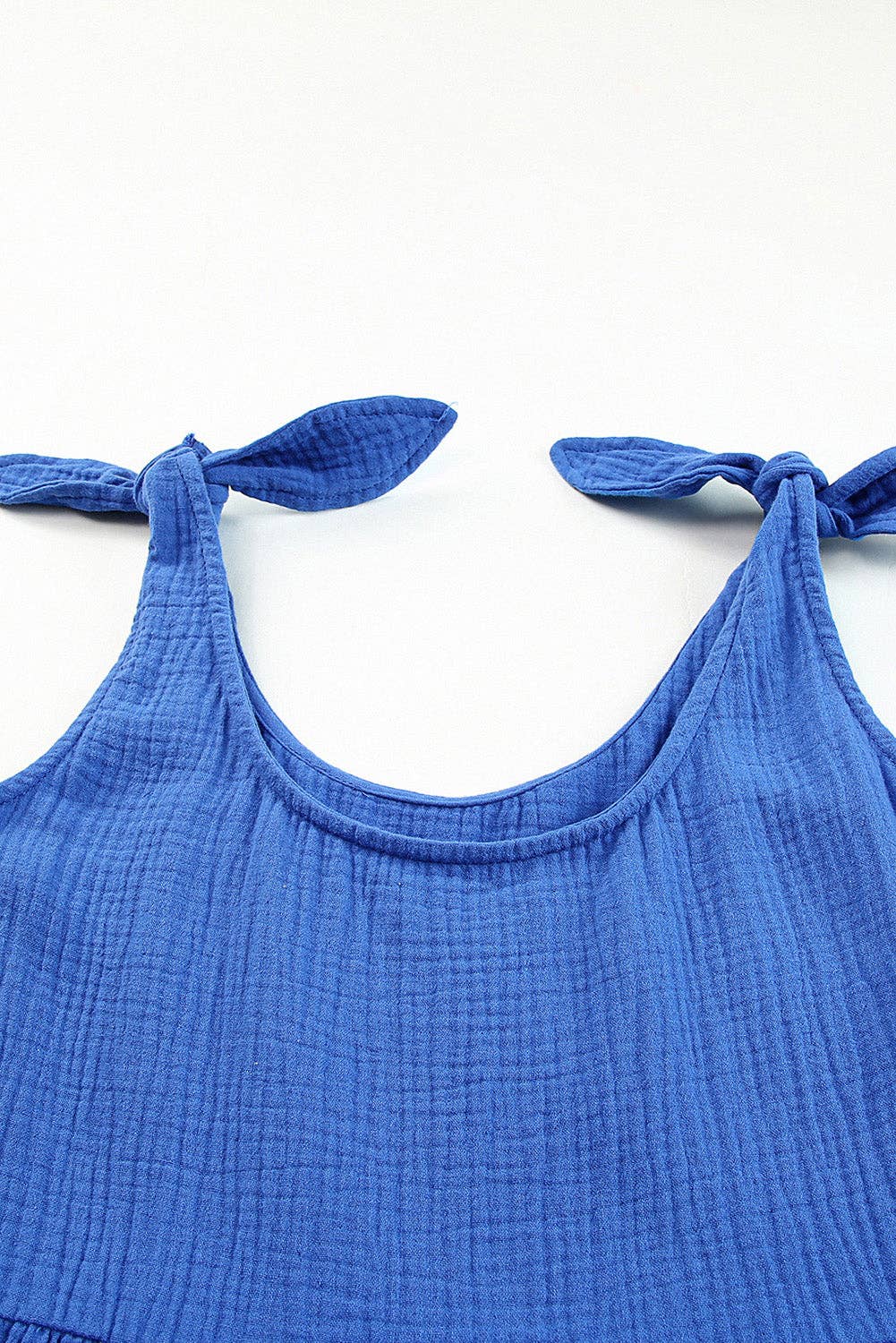 Blue Textured Knotted Straps Wide Leg Romper: Blue / M