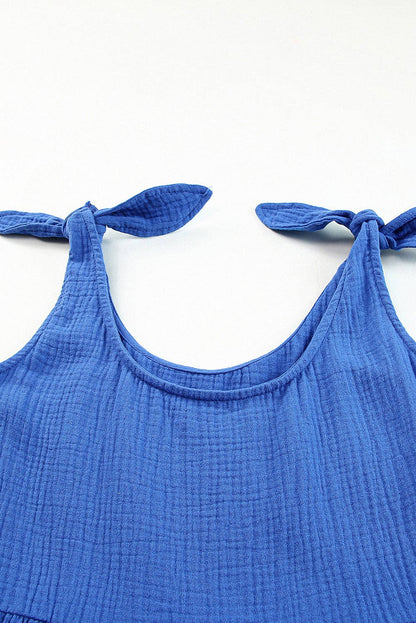 Blue Textured Knotted Straps Wide Leg Romper: Blue / M